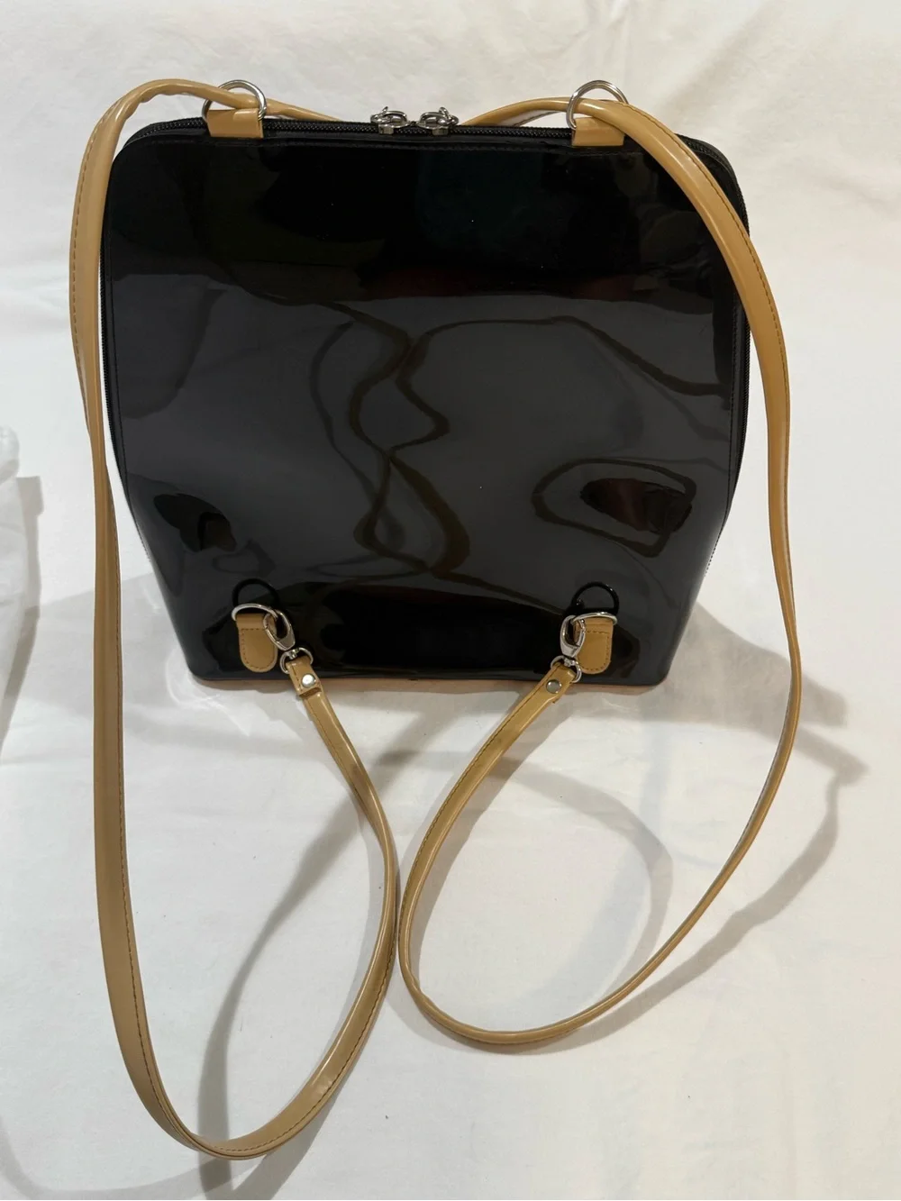 Beijo Black Patent Backpack Tote with Tan Front Pocket and Straps